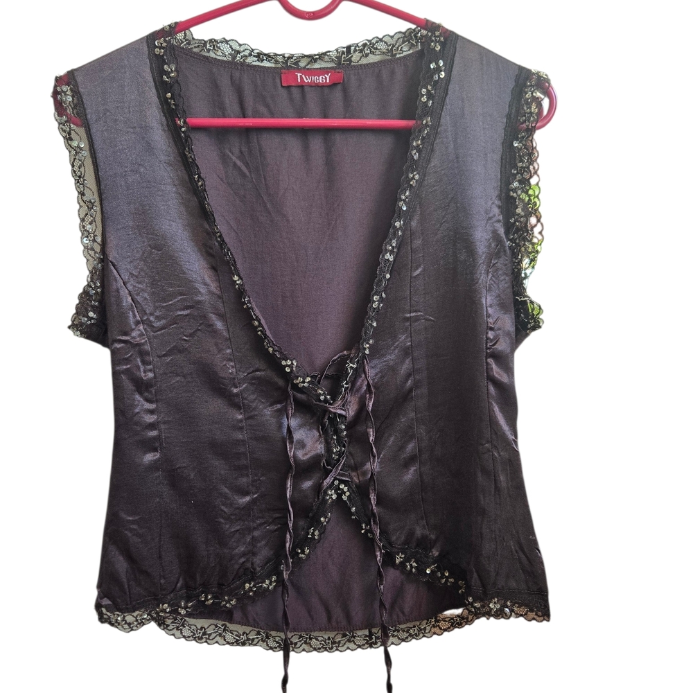 Vintage Twiggy London Corset Vest Tie Front Lace Sequin Trim Top M